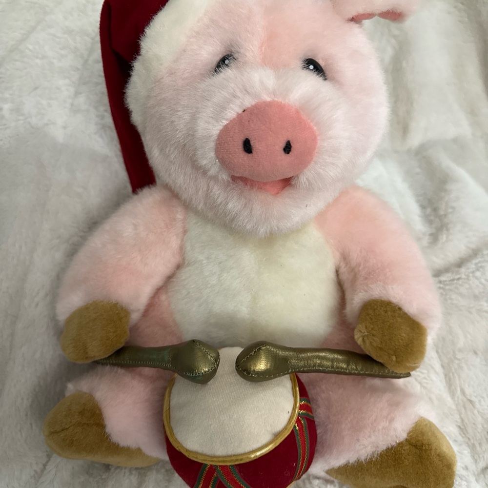Pink and White Plush Pig with Drum
